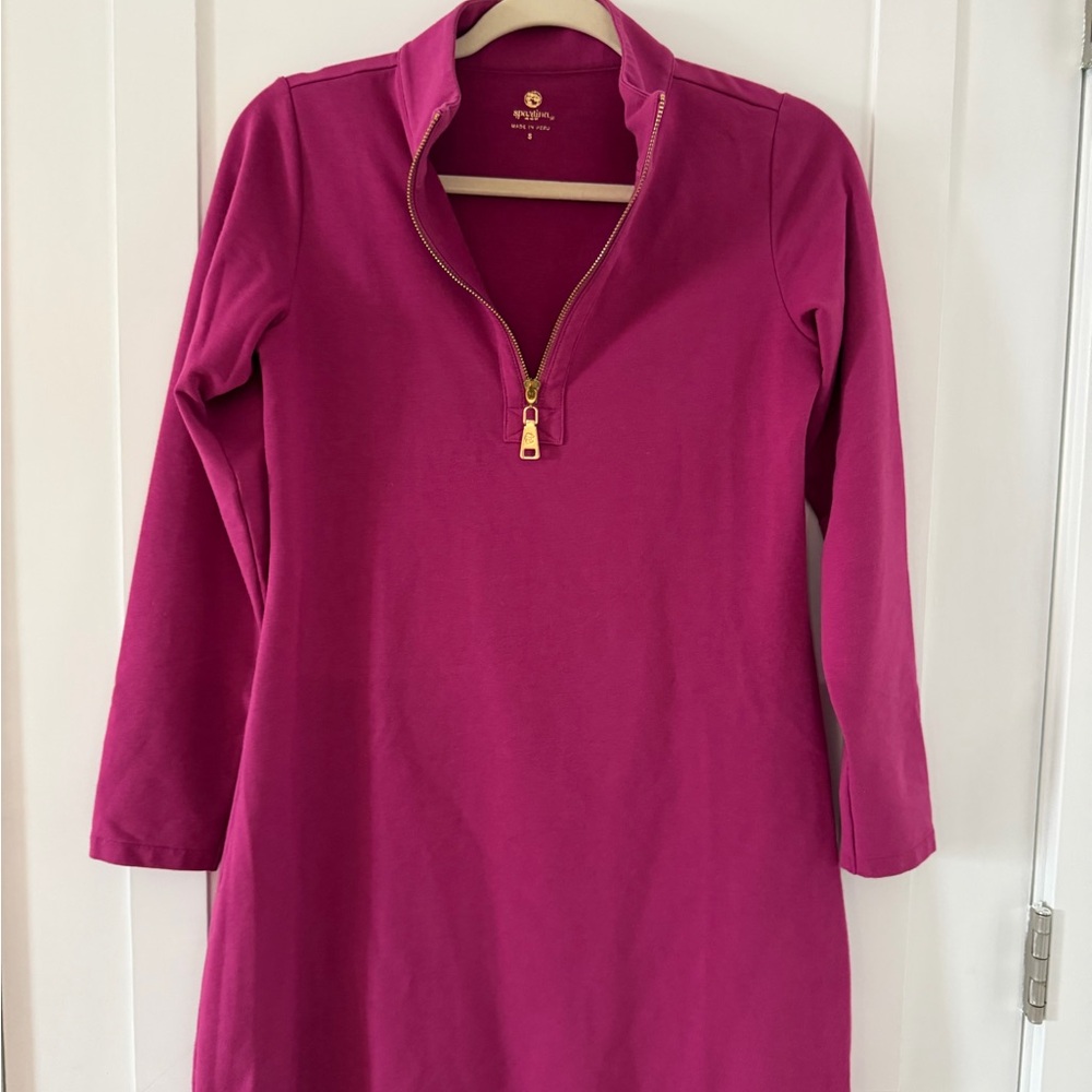 Spartina 449 short sleeve pique dress Plum blue gold zip preppy S - see note